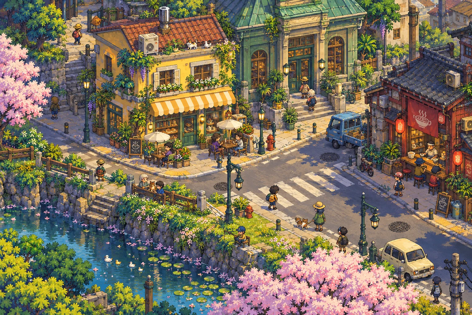 A sunny town street with a cafe, a library and a canal